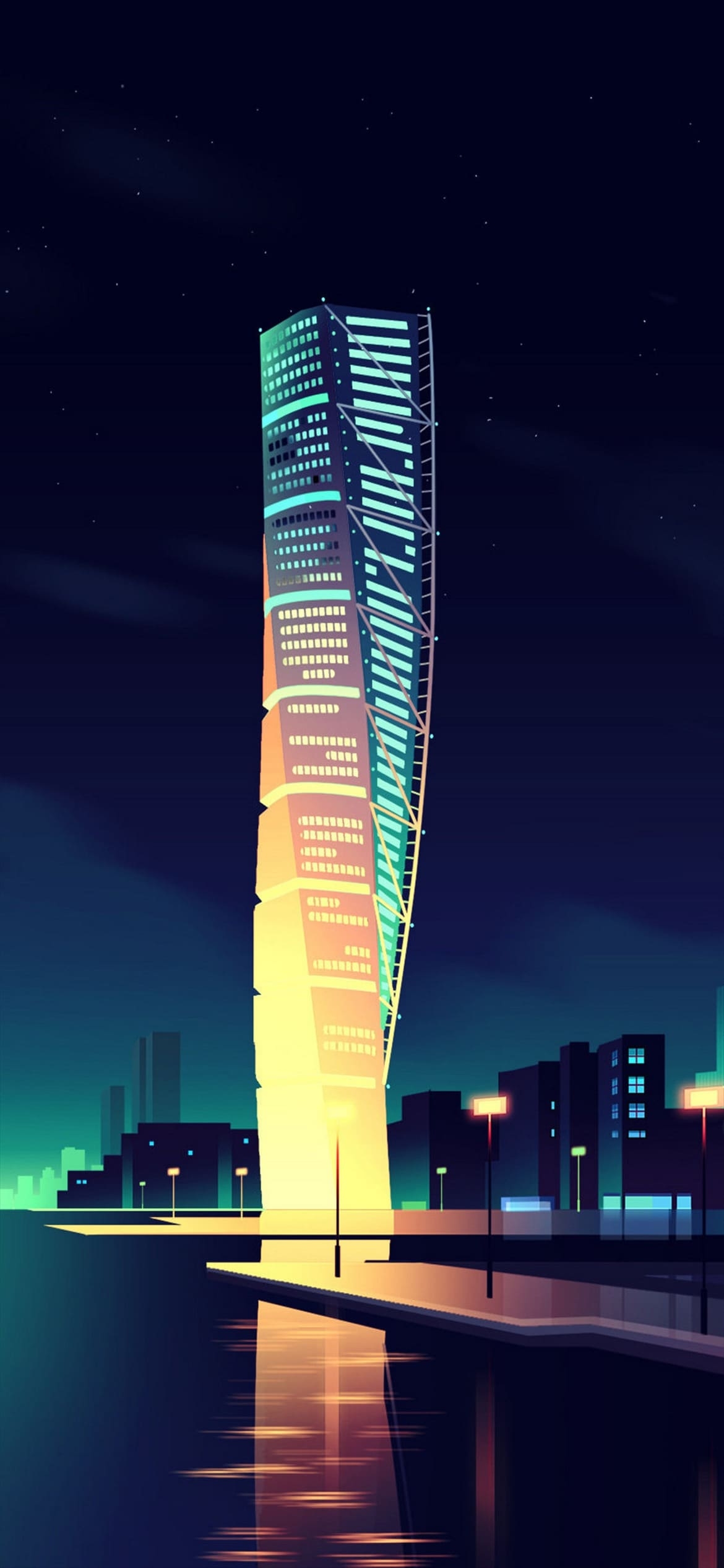 夜のねじれた建物の1170 x 2532 / スマホ壁紙