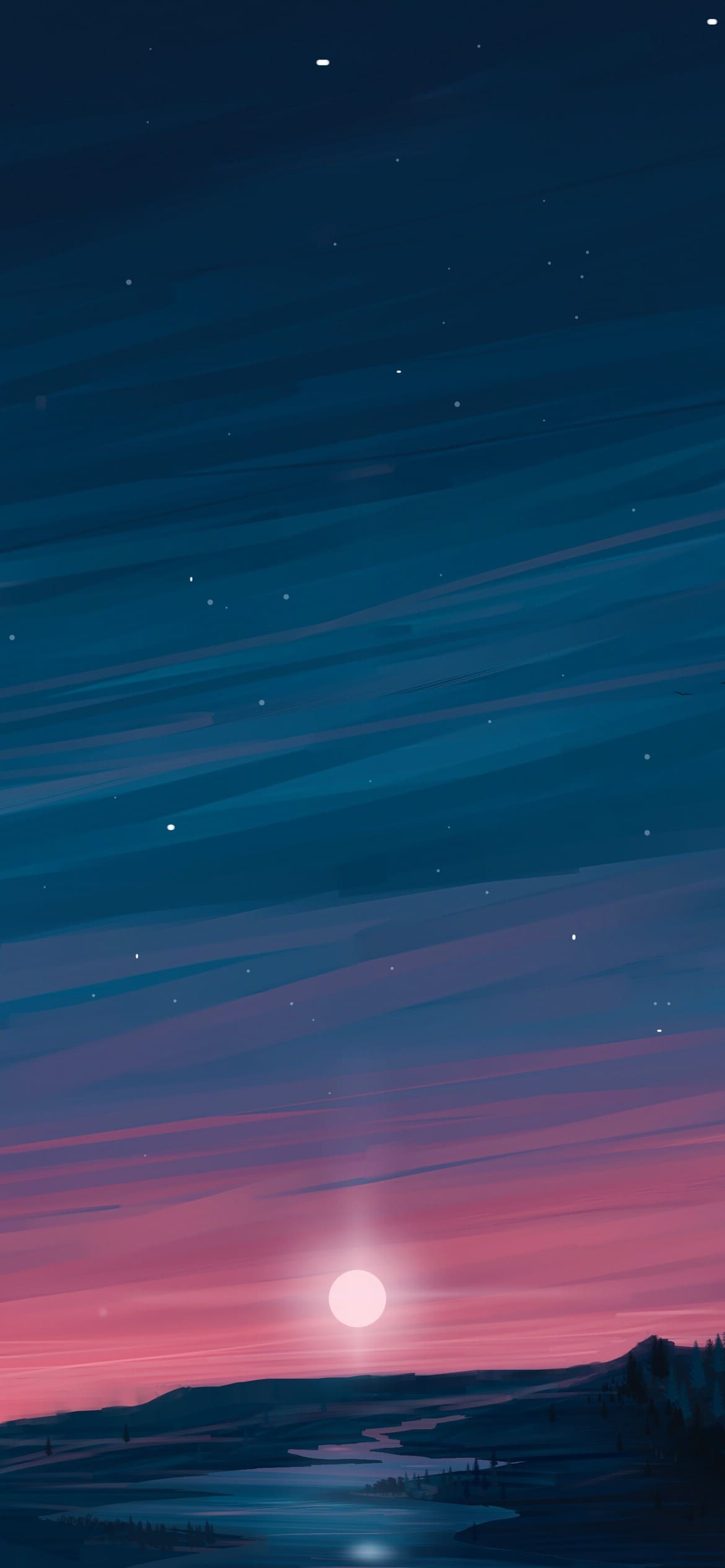 夜空と夕日と大地のイラストの1170 x 2532 / スマホ壁紙