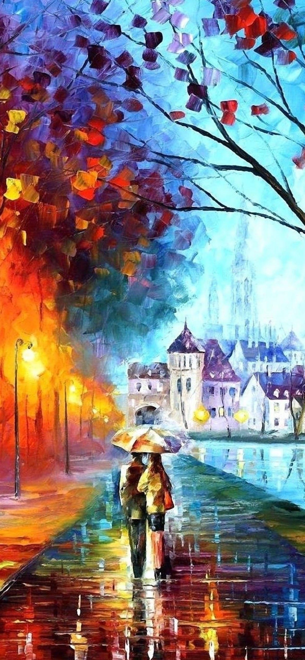 紅葉 傘をさすカップル 絵画 雨降る風景の1170 x 2532 / スマホ壁紙