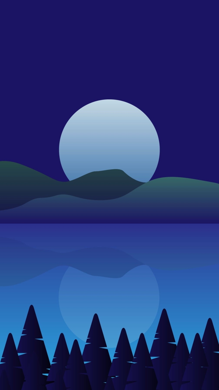 満月と山と湖と森のイラストの750 x 1334 / スマホ壁紙
