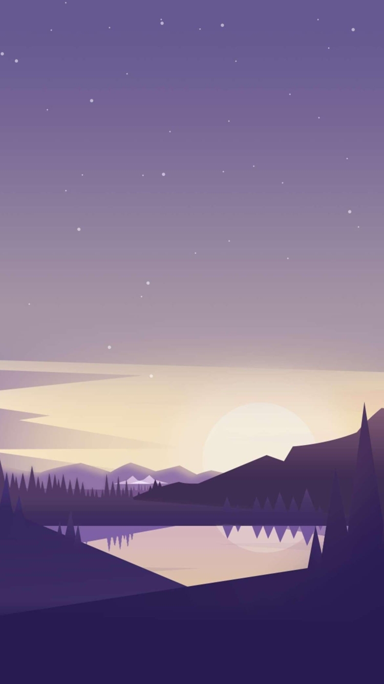 紫の星空 湖 山のイラストの750 x 1334 / スマホ壁紙