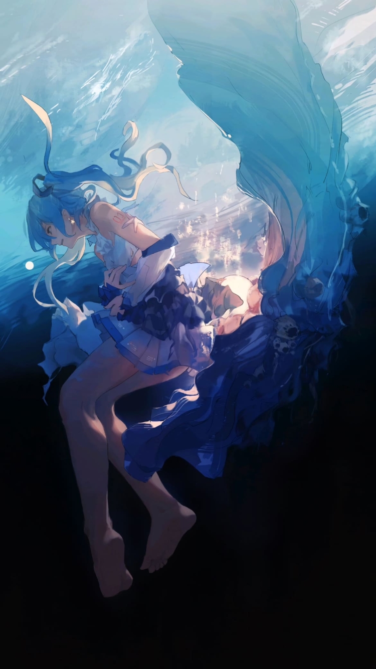 水中の初音ミク 青 かわいい ボーカロイドの750 x 1334 / スマホ壁紙