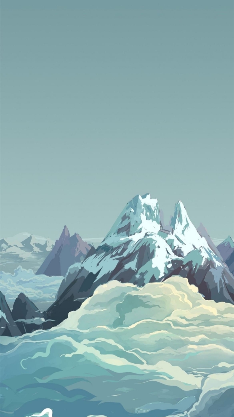 雪山と雲と空のイラストの750 x 1334 / スマホ壁紙