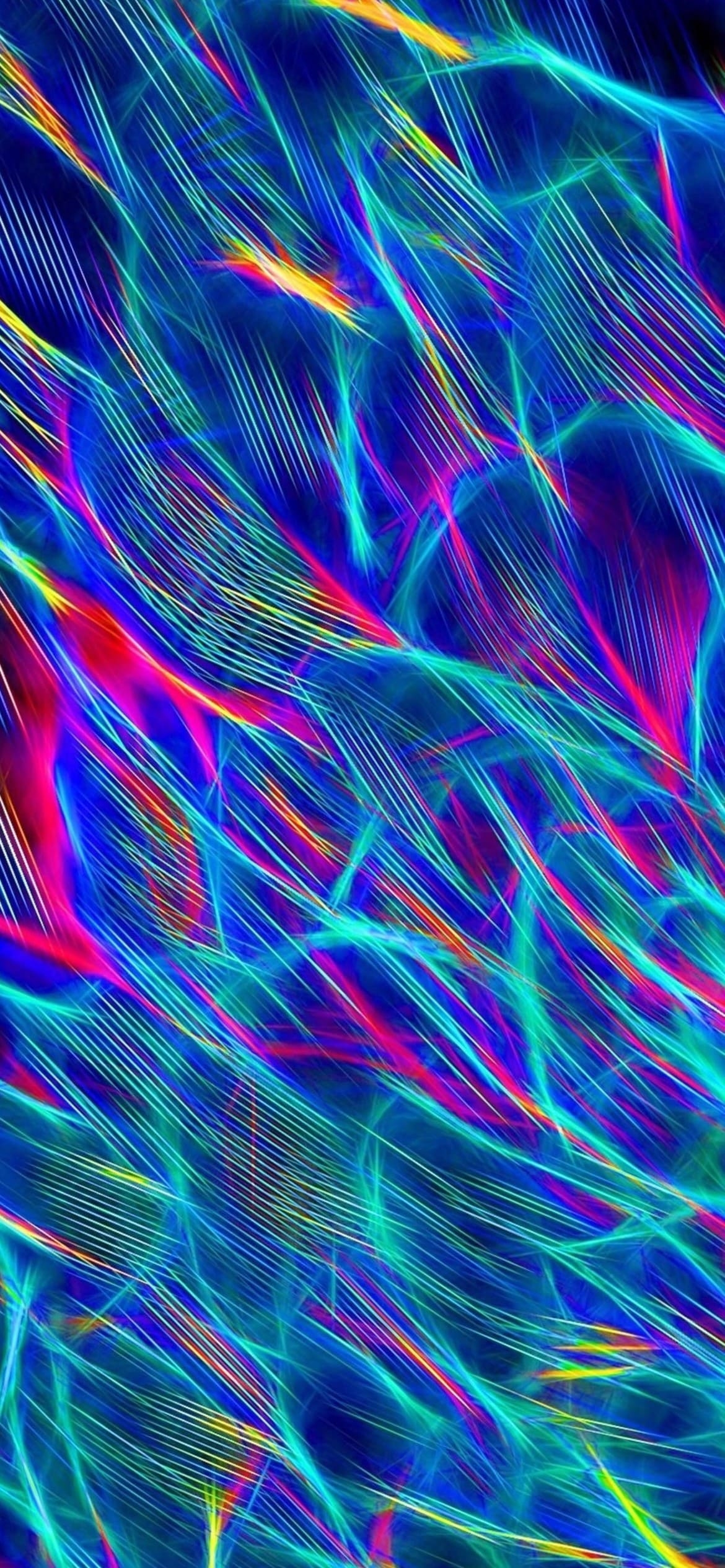 水色・赤・黄色の光沢のある線の1170 x 2532 / スマホ壁紙