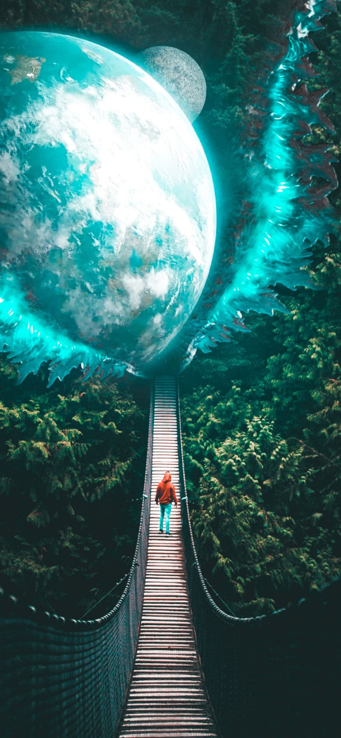 長い桟橋 渡る女性 青い惑星の1170 x 2532 / スマホ壁紙