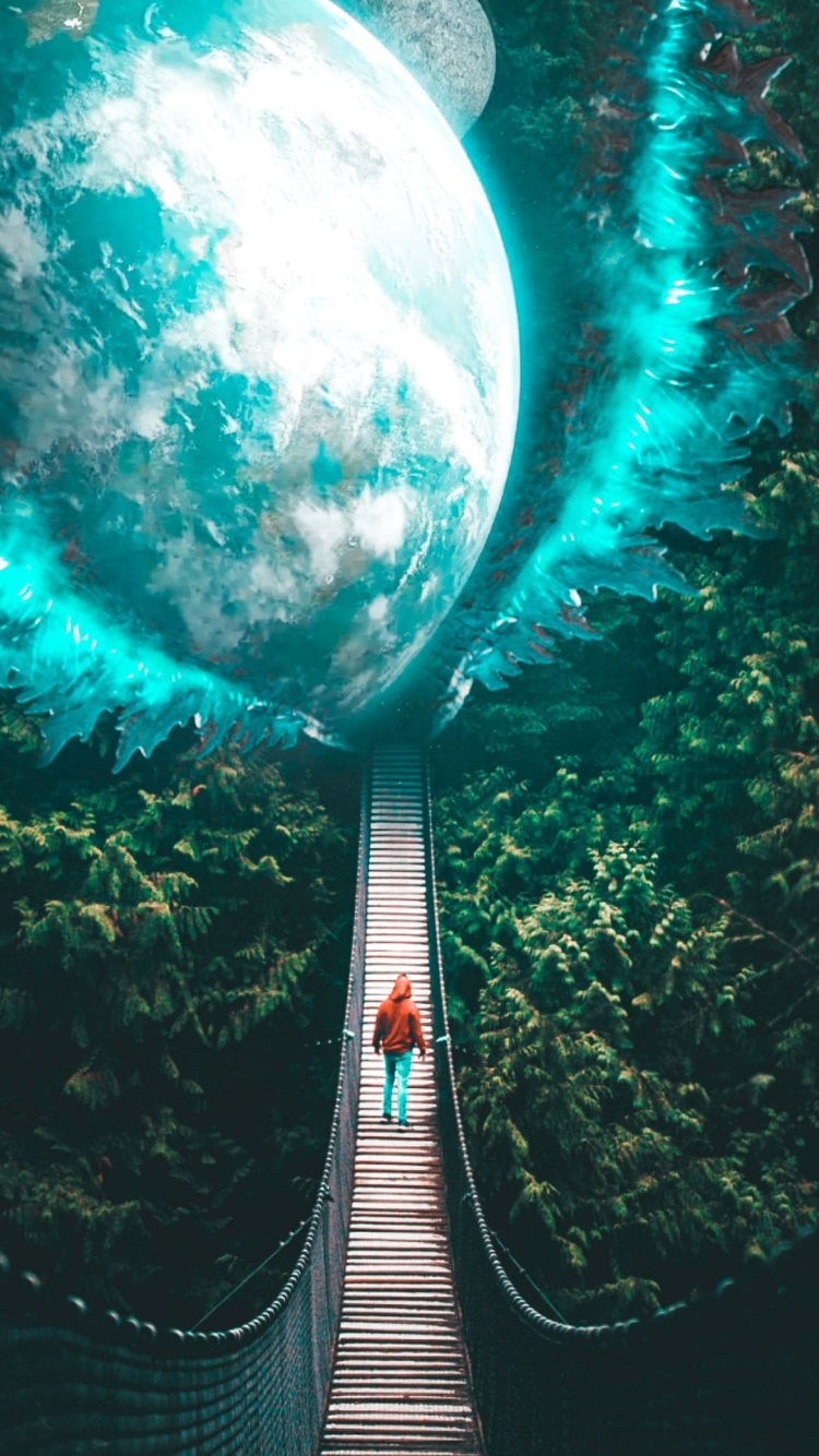 長い桟橋 渡る女性 青い惑星の750 x 1334 / スマホ壁紙