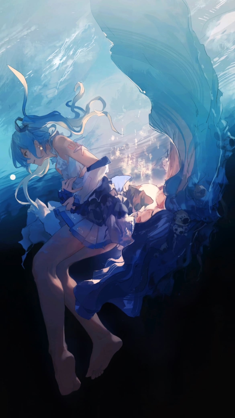 海中の初音ミク 綺麗 青いドレスの750 x 1334 / スマホ壁紙