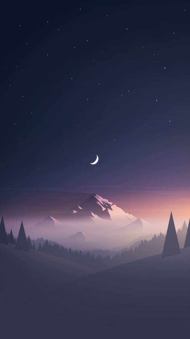 夜 三日月 雪の山 銀河 イラストの750 x 1334 / スマホ壁紙