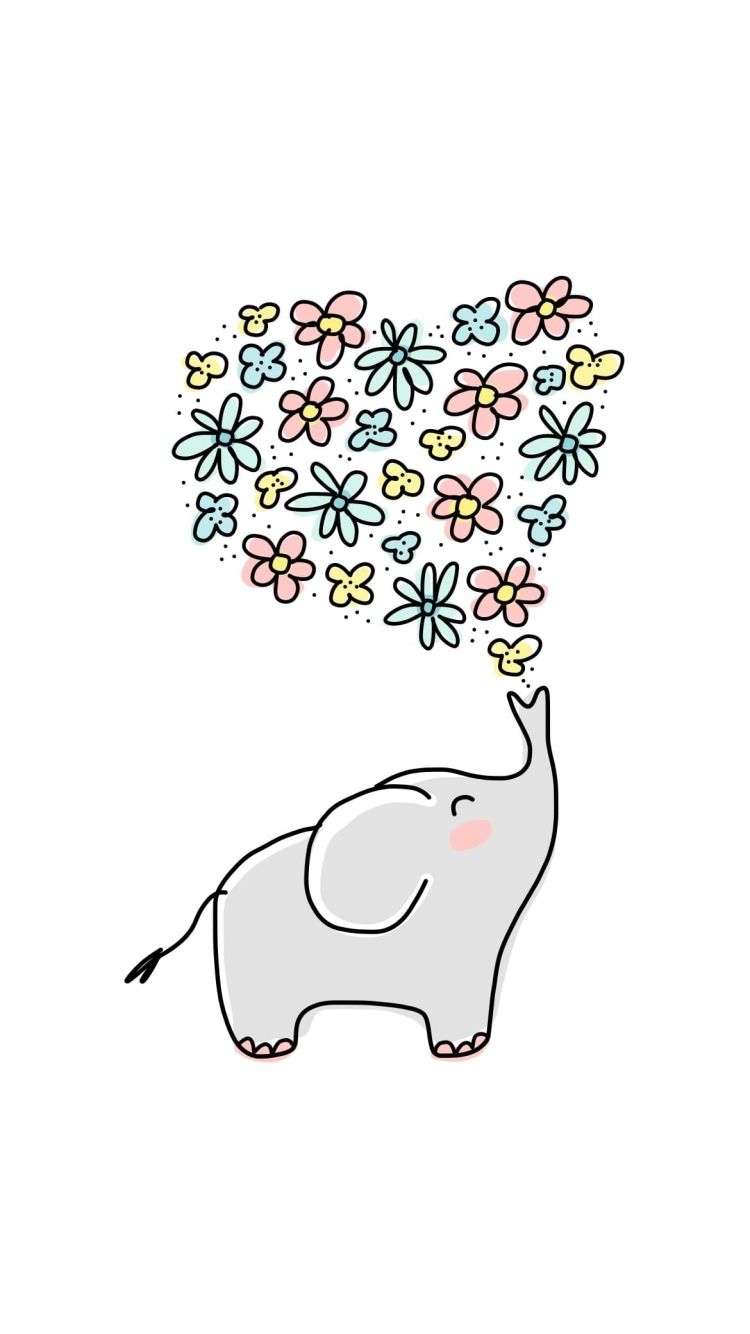 象と花のイラストの750 x 1334 / スマホ壁紙