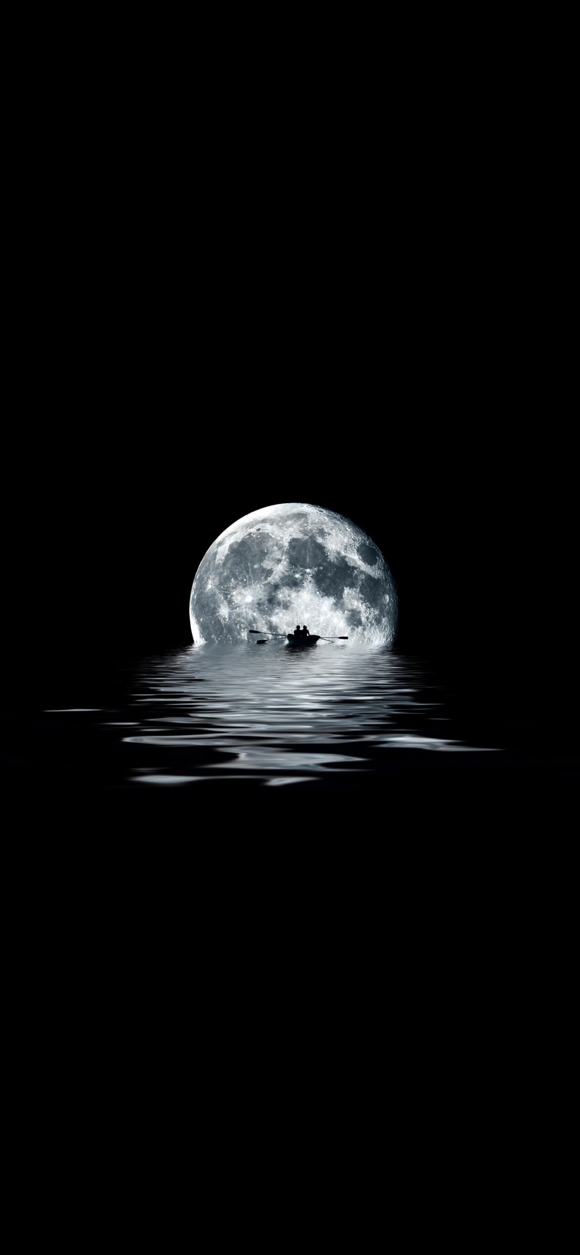 夜の海 満月 ボートを漕ぐカップルの1170 x 2532 / スマホ壁紙