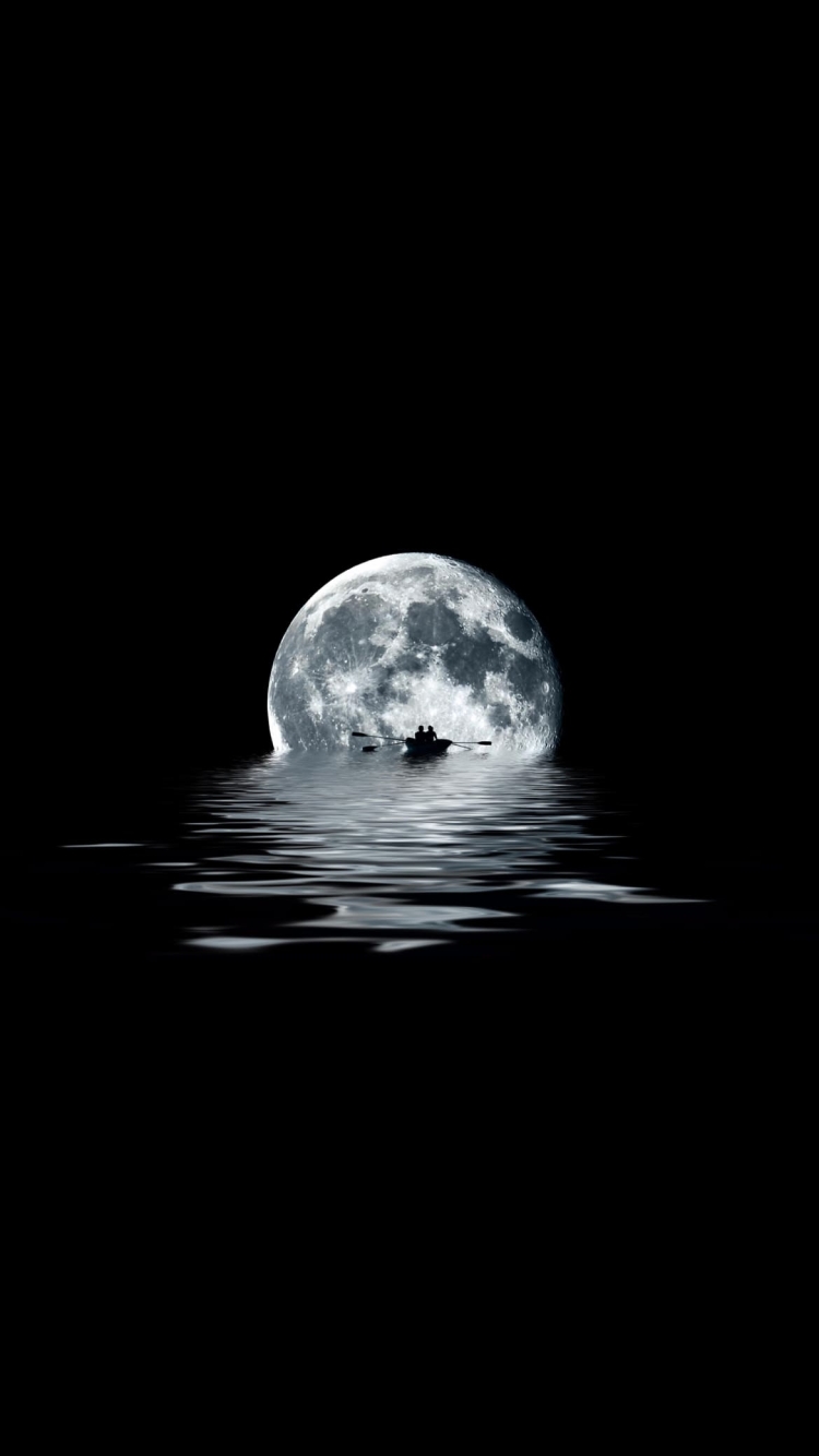 夜の海 満月 ボートを漕ぐカップルの750 x 1334 / スマホ壁紙