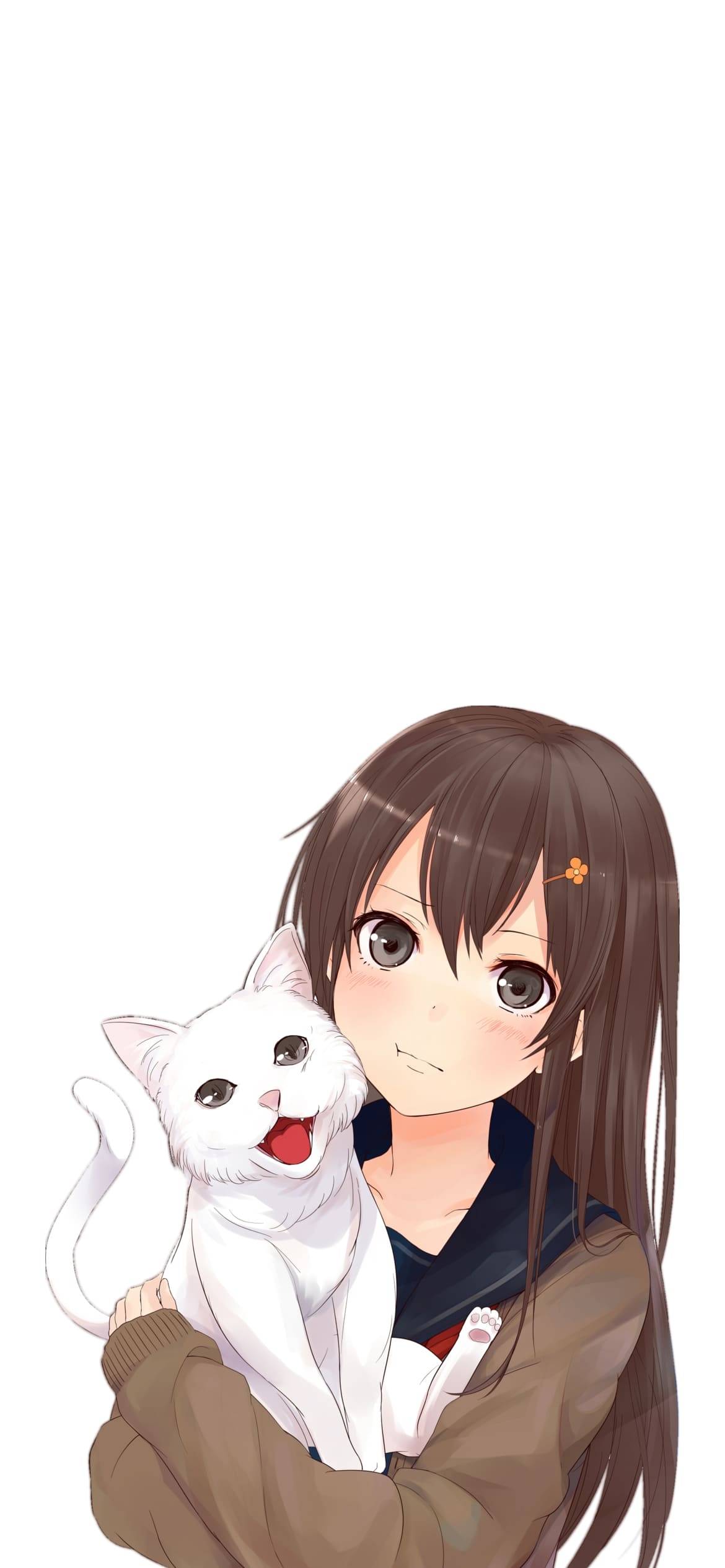 女子高生と白い猫の1170 x 2532 / スマホ壁紙