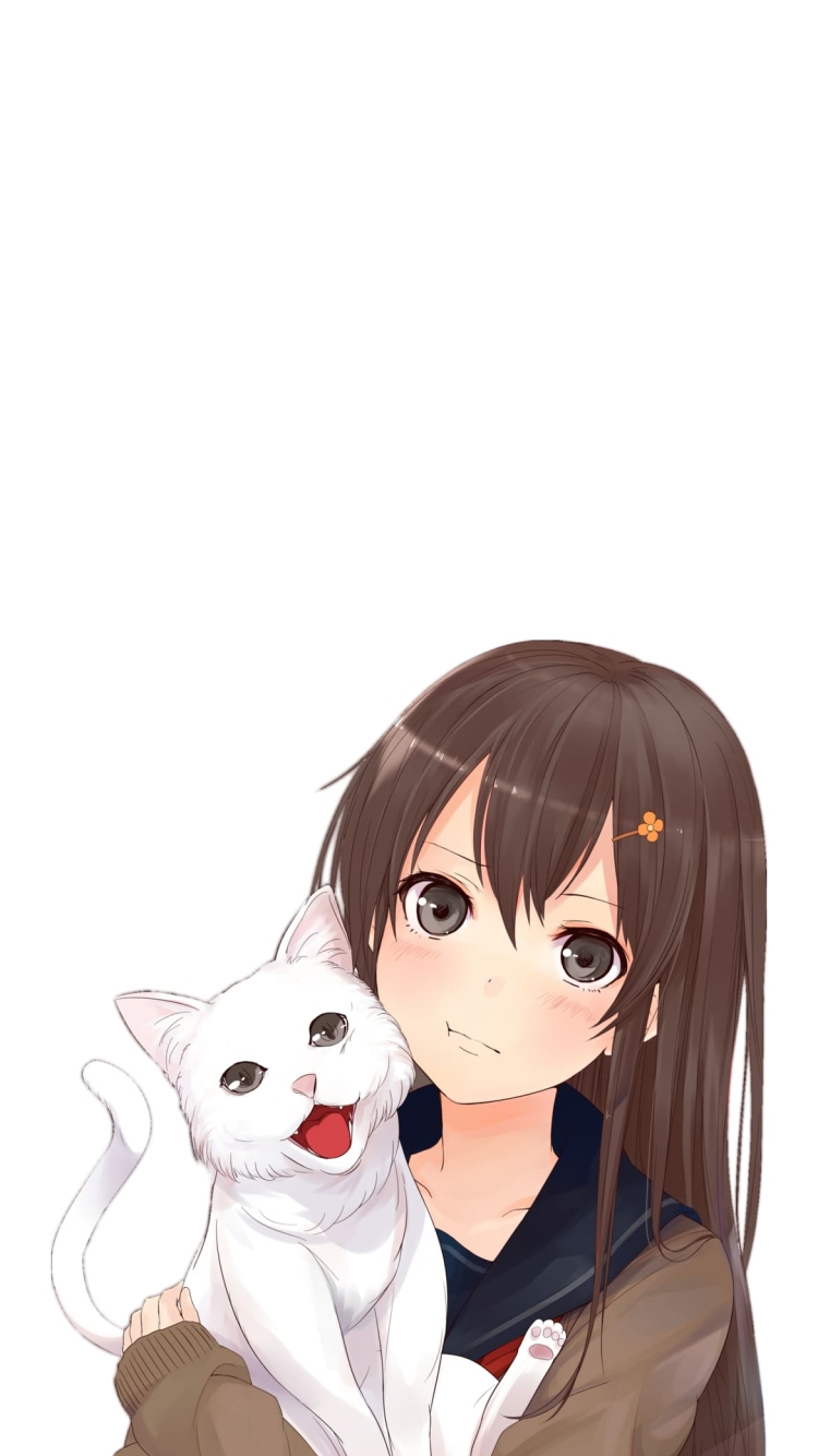 女子高生と白い猫の750 x 1334 / スマホ壁紙