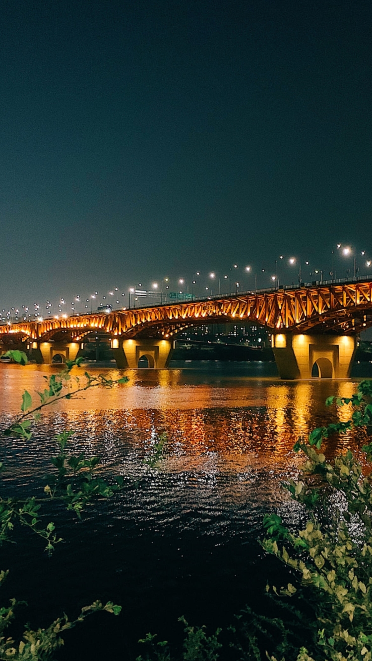 韓国 ソウルの夜のライトアップされた橋 の750 x 1334 / スマホ壁紙