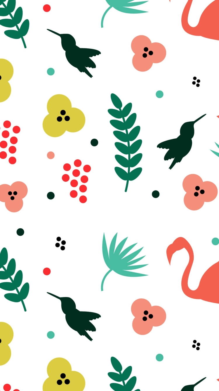 カラフル おしゃれなフラミンゴと花と草とハチドリのイラストの750 x 1334 / スマホ壁紙