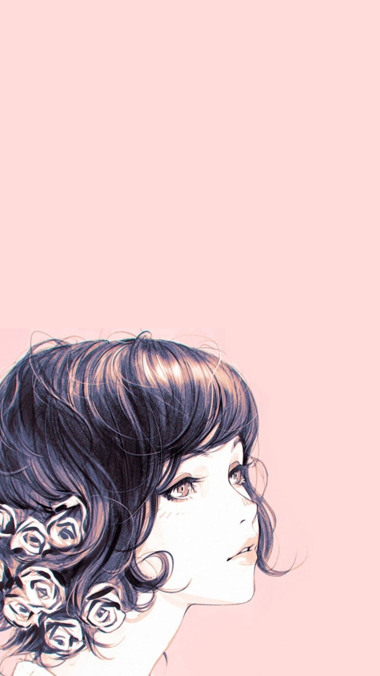 花飾りをつけた黒髪の綺麗な女性のイラストの750 x 1334 / スマホ壁紙