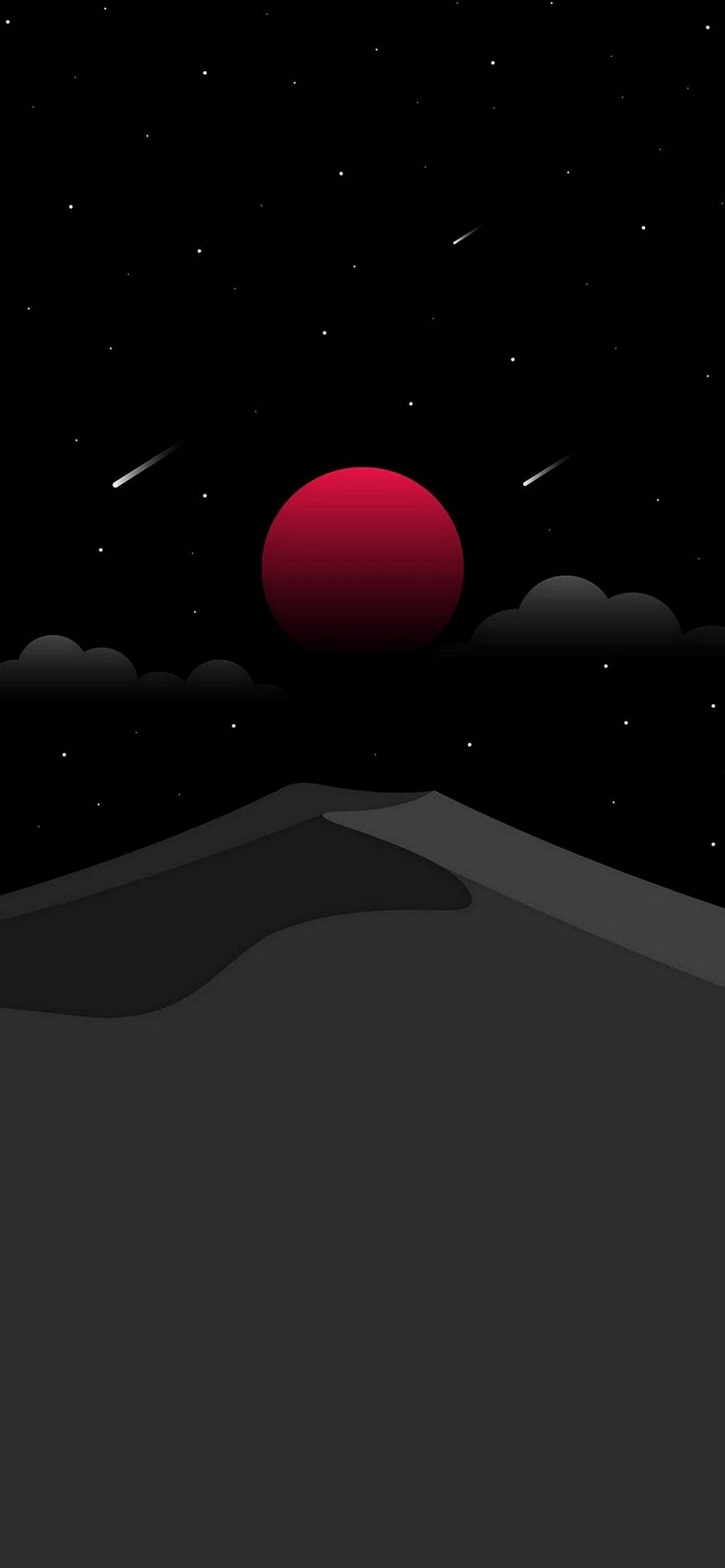 赤い太陽 流星 黒い山のイラストの1170 x 2532 / スマホ壁紙