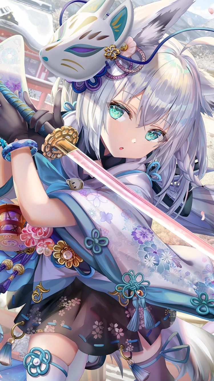 刀をかざす白上フブキ / かっこいい / バーチャルYouTuber / ホロライブの750 x 1334 / スマホ壁紙