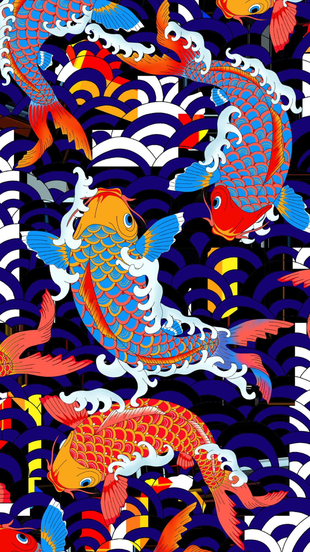 カラフルな錦鯉 / イラストの1080 x 1920 / スマホ壁紙