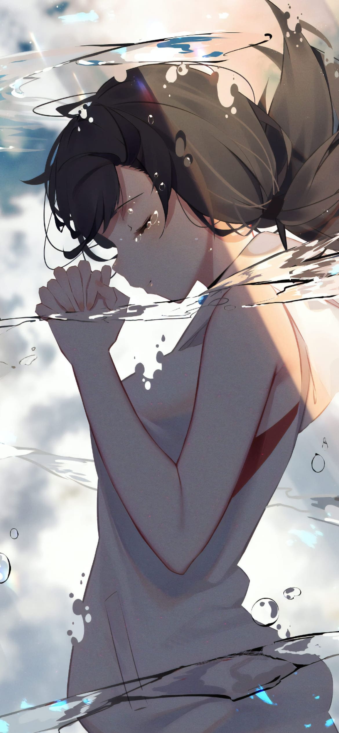 お祈りをする天野陽菜(あまの ひな) / 水の中 / アニメ映画「天気の子」の1170 x 2532 / スマホ壁紙