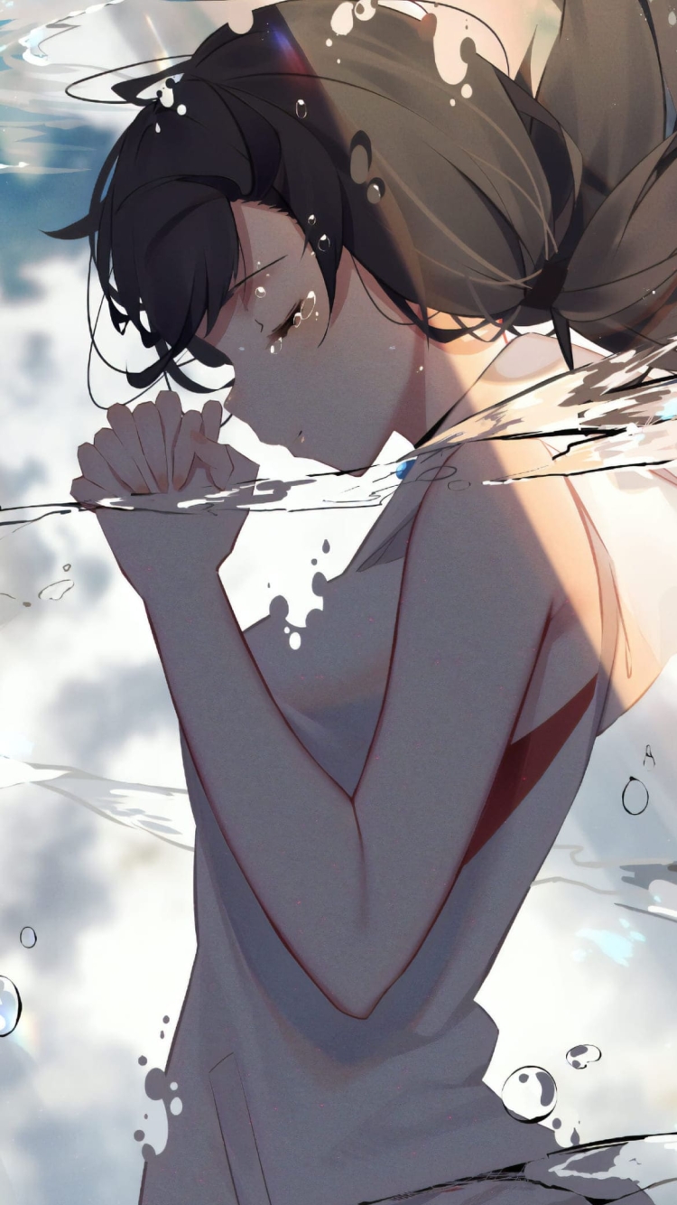 お祈りをする天野陽菜(あまの ひな) / 水の中 / アニメ映画「天気の子」の750 x 1334 / スマホ壁紙