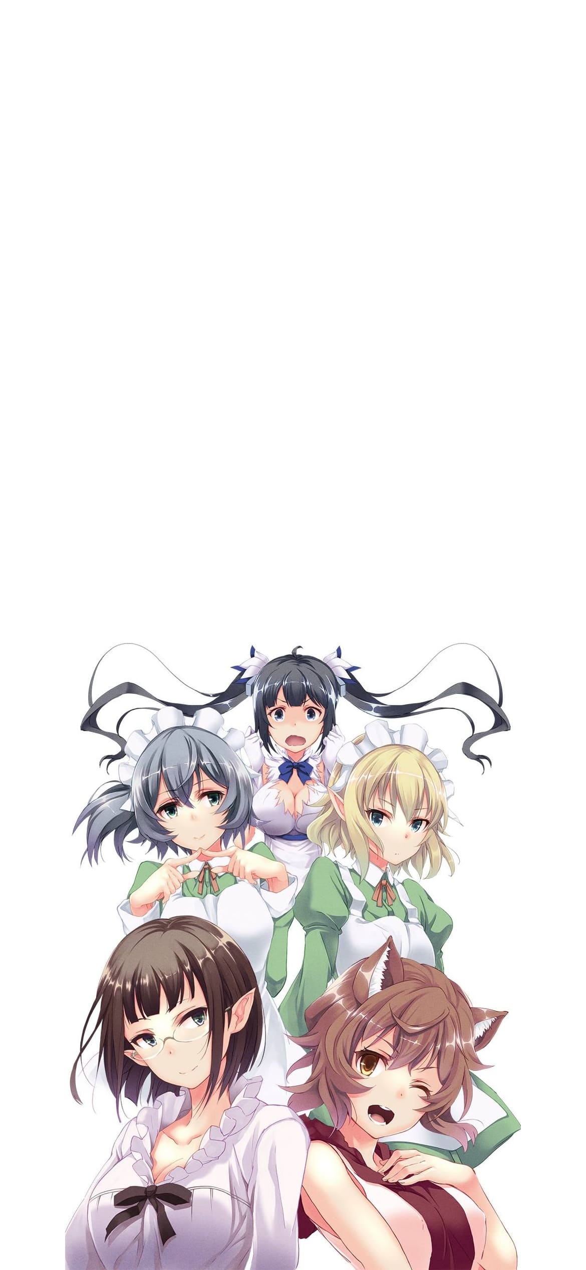 ヘスティア / エイナ・チュール / シル・フローヴァ / リュー・リオン / リリルカ・アーデ / ダンジョンに出会いを求めるのは間違っているだろうか / ダンまち / ファンアートの1170 x 2532 / スマホ壁紙