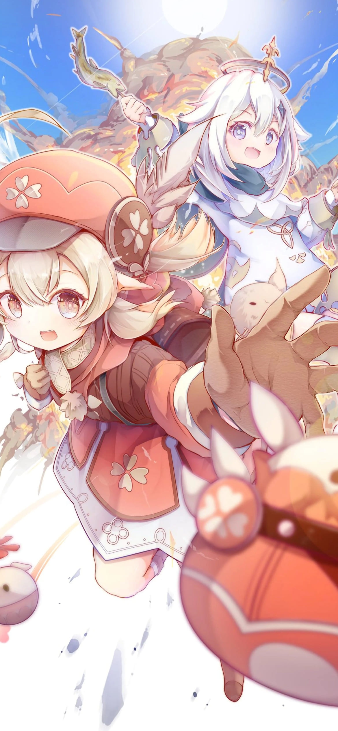 めちゃくちゃかわいいパイモンとクレー / 原神インパクトの1170 x 2532 / スマホ壁紙