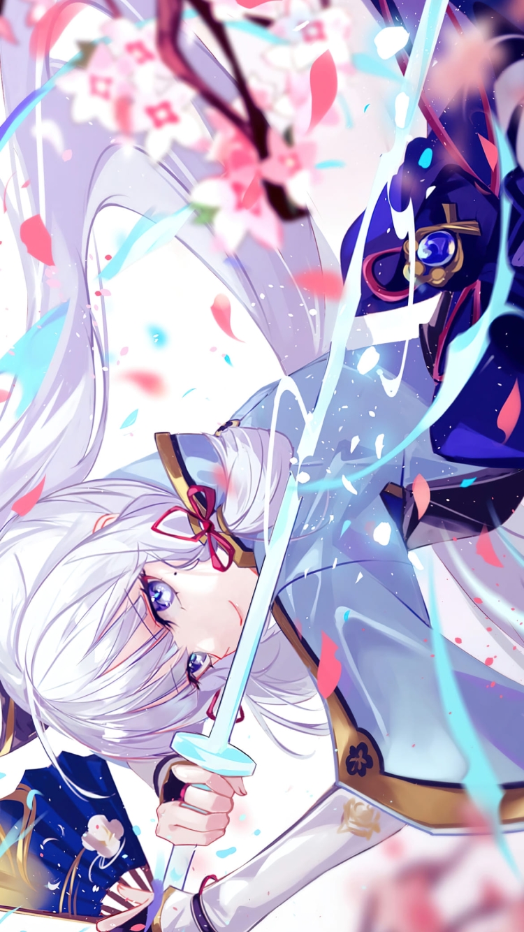 桜舞い散る剣を構えるかっこいい神里綾華 / 原神の750 x 1334 / スマホ壁紙