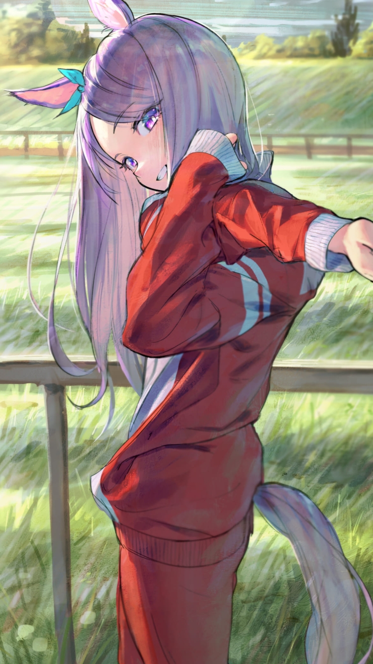 ストレッチする赤いジャージを着たメジロマックイーン / ファンアート / ウマ娘の750 x 1334 / スマホ壁紙