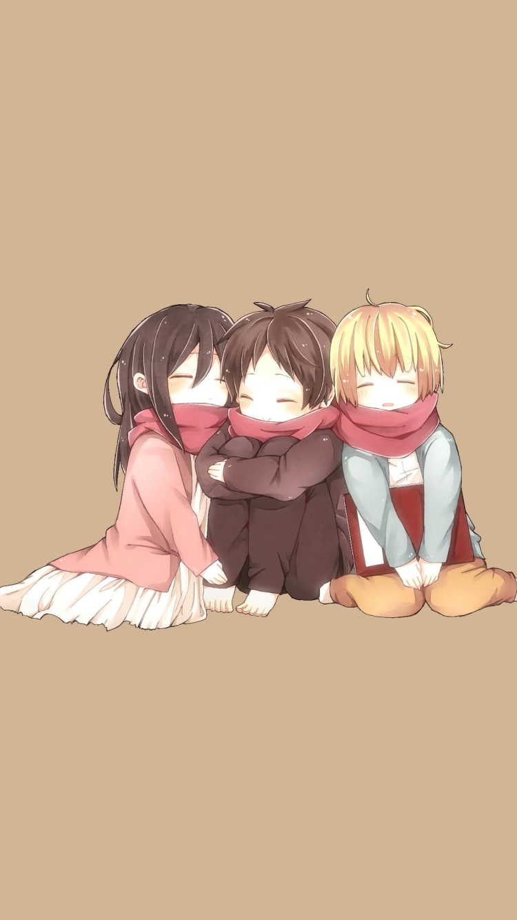 マフラーを共有するミカサ・アッカ―マン / エレン・イェーガー / アルミン・アルレルト / ほっこり / 進撃の巨人の750 x 1334 / スマホ壁紙