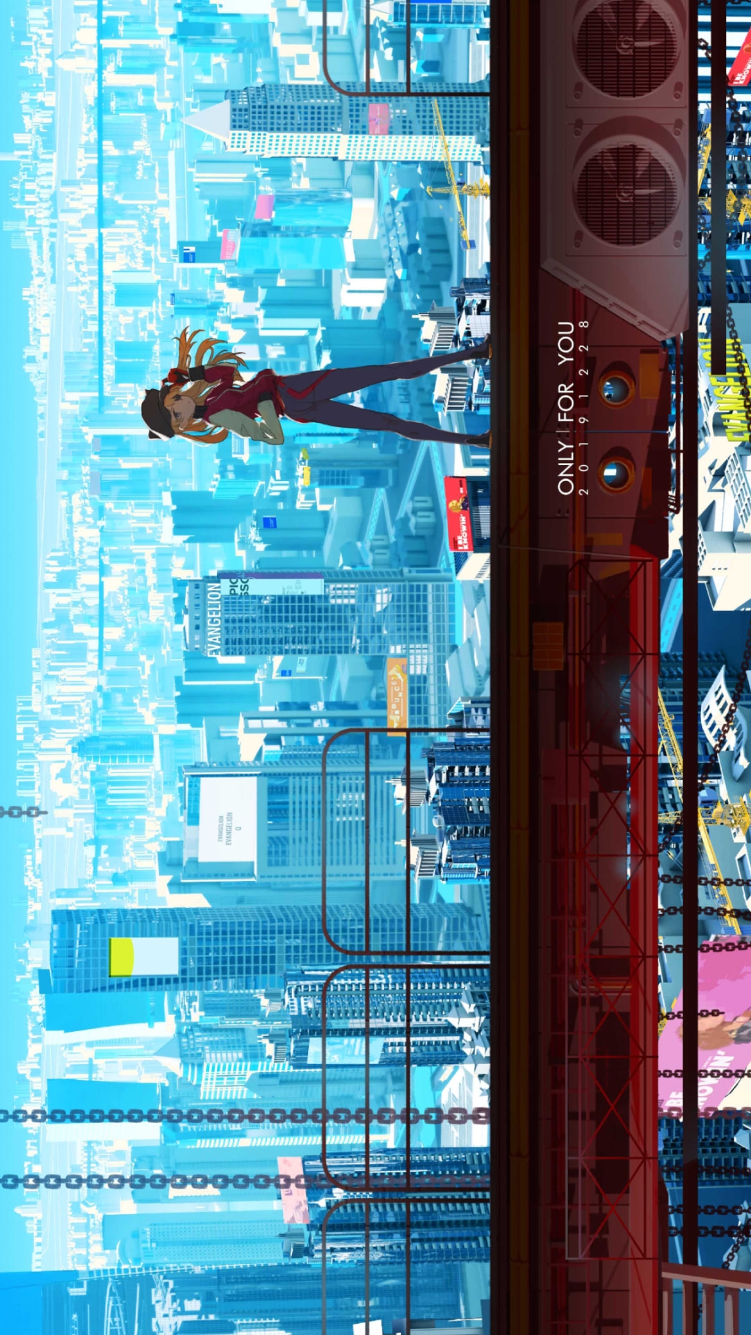 赤い高所に立ち振り返る式波・アスカ・ラングレー / ヱヴァンゲリヲン新劇場版 / ファンアート / イラストの1080 x 1920 / スマホ壁紙