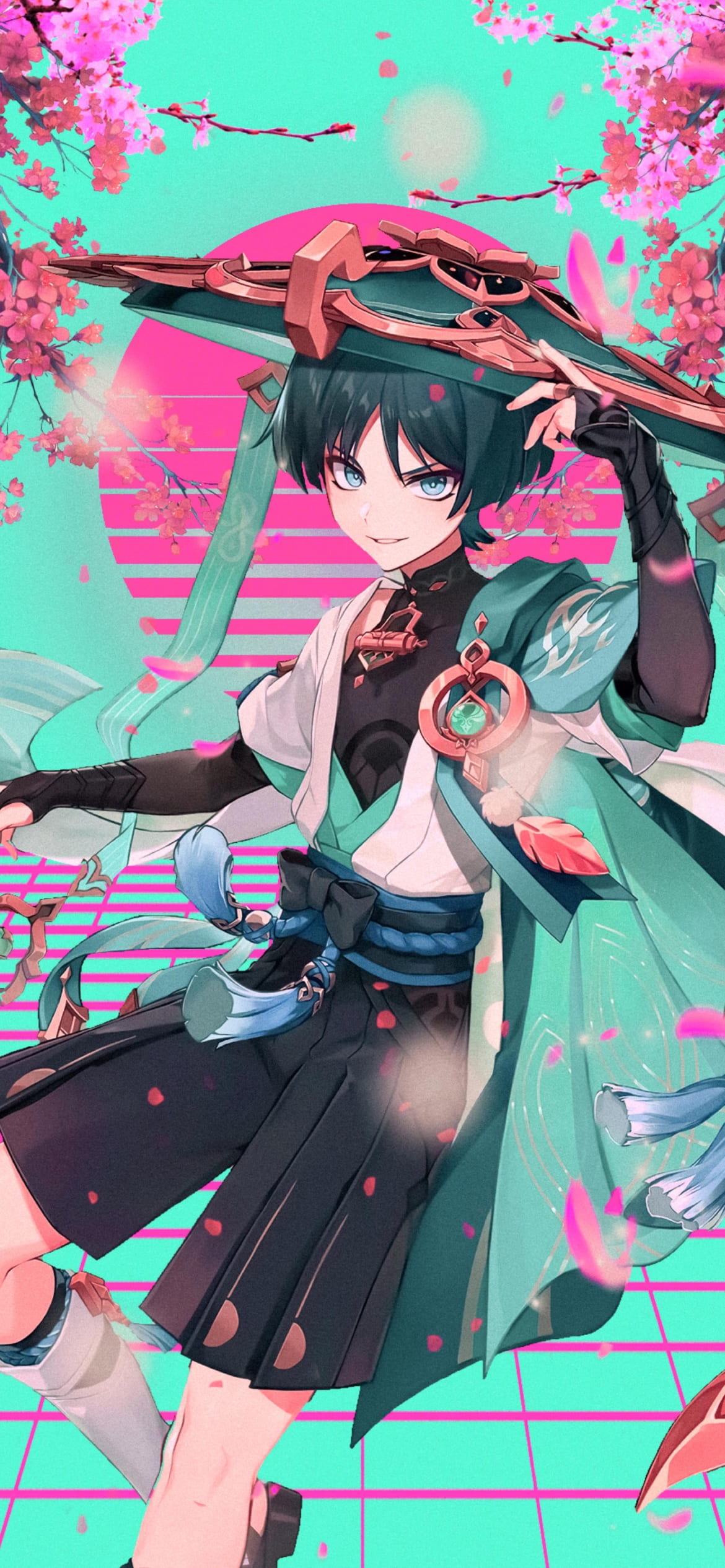 ピンクの花と帽子に手をあてるスカラマシュ / 放浪者 / 原神の1170 x 2532 / スマホ壁紙
