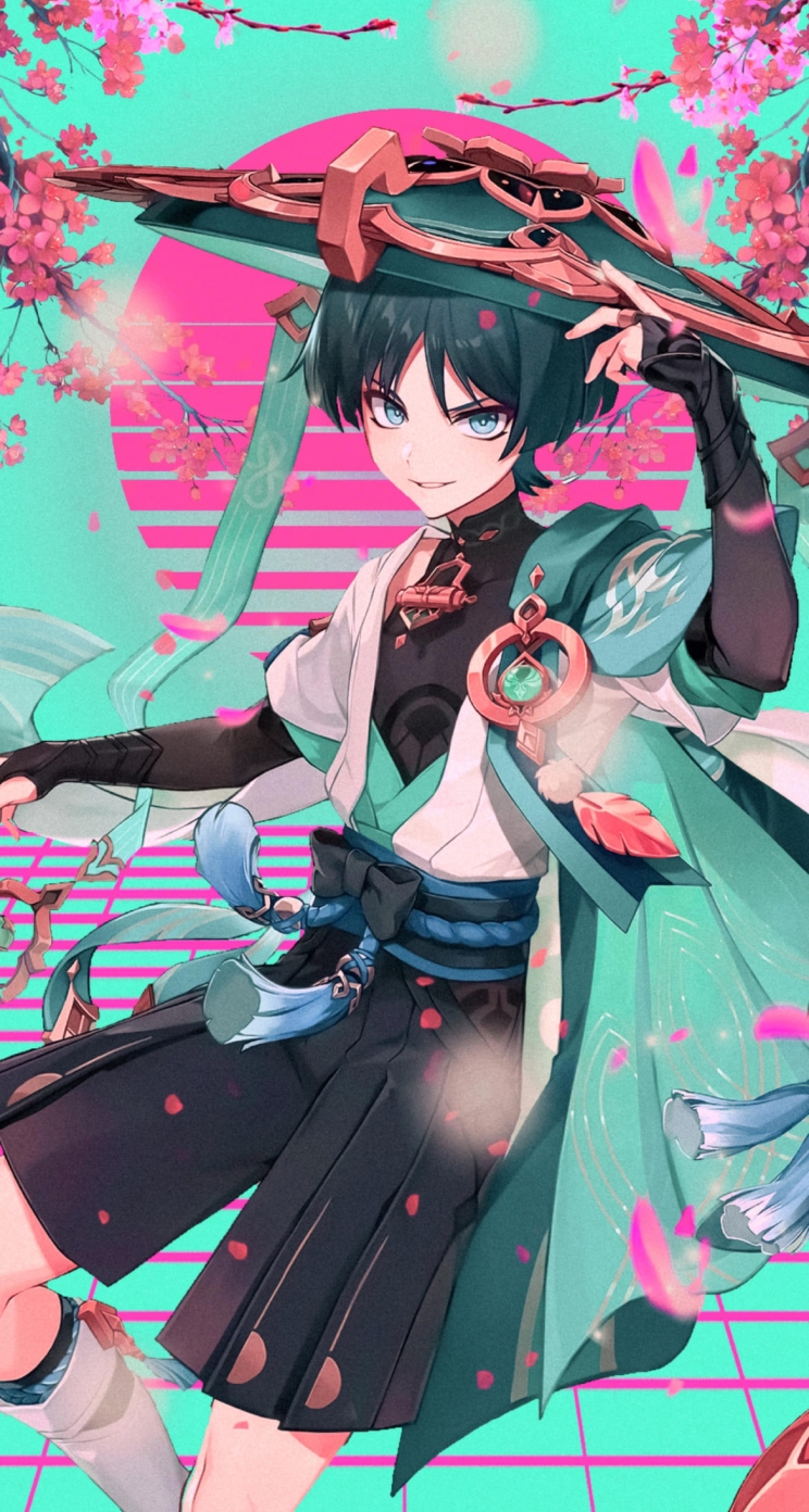 ピンクの花と帽子に手をあてるスカラマシュ / 放浪者 / 原神の744 x 1392 / スマホ壁紙