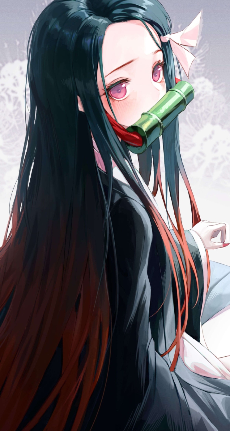 めちゃくちゃかわいい巻物咥えた竈門禰豆子 / 鬼滅の刃 / ファンアート / イラストの744 x 1392 / スマホ壁紙