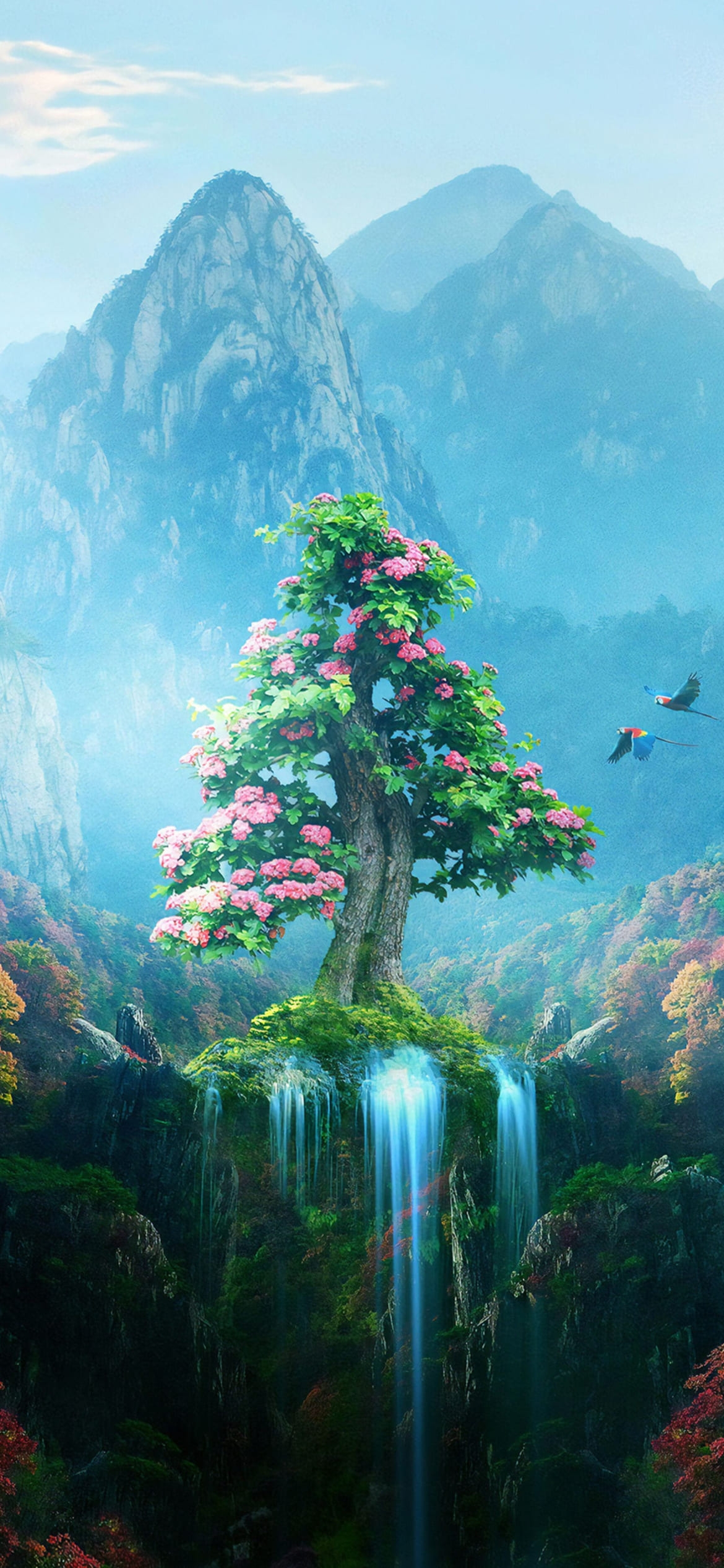 ピンクの花が咲く大木 / 流れ落ちる滝 / 空飛ぶオウムの1170 x 2532 / スマホ壁紙
