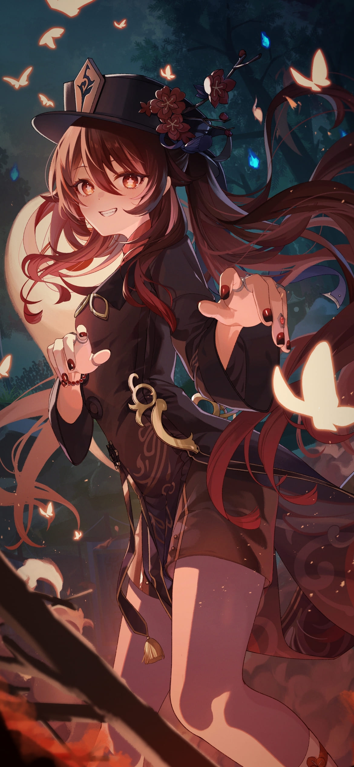 かわいい胡桃と光る蝶 / 原神の1170 x 2532 / スマホ壁紙