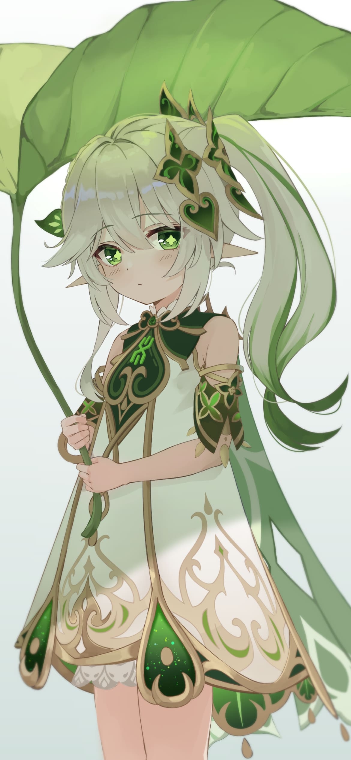 大きな葉っぱを日傘のように使うナヒーダ / 原神の1170 x 2532 / スマホ壁紙