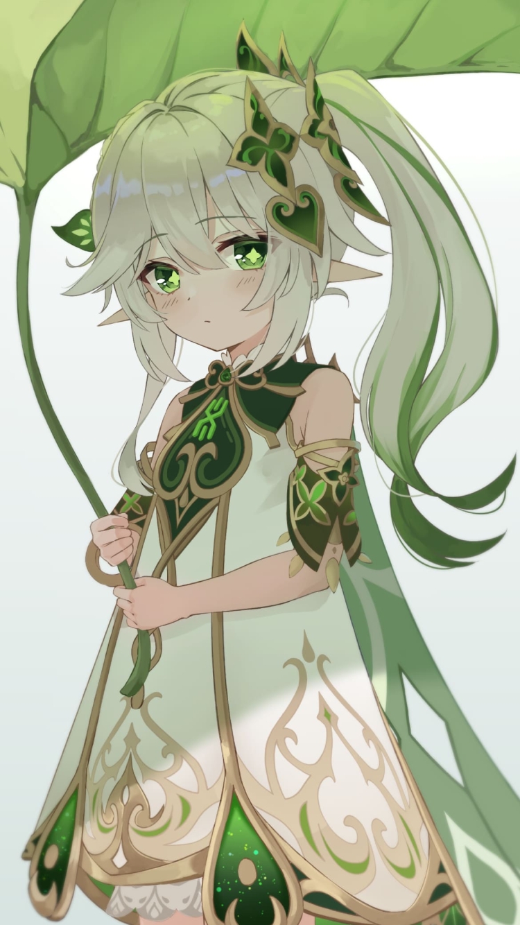 大きな葉っぱを日傘のように使うナヒーダ / 原神の750 x 1334 / スマホ壁紙