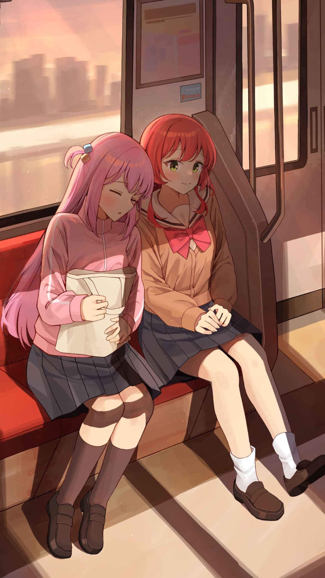 電車で寝ている後藤ひとりと肩を貸している喜多郁代 / ぼっち・ざ・ろっく! / ファンアート / イラストの1080 x 1920 / スマホ壁紙