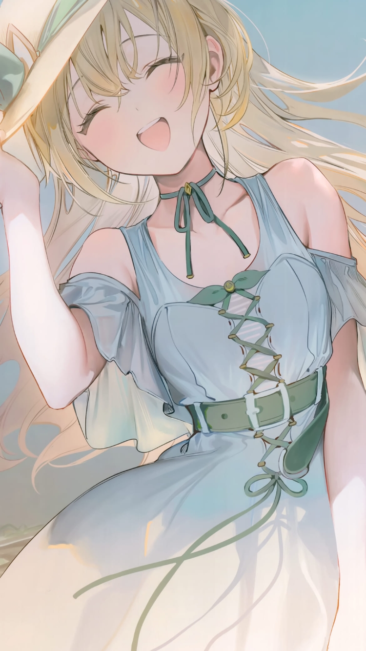 帽子を抑えて笑う風真いろは / バーチャルYoutuber / ホロライブ / ファンアート / イラストの750 x 1334 / スマホ壁紙
