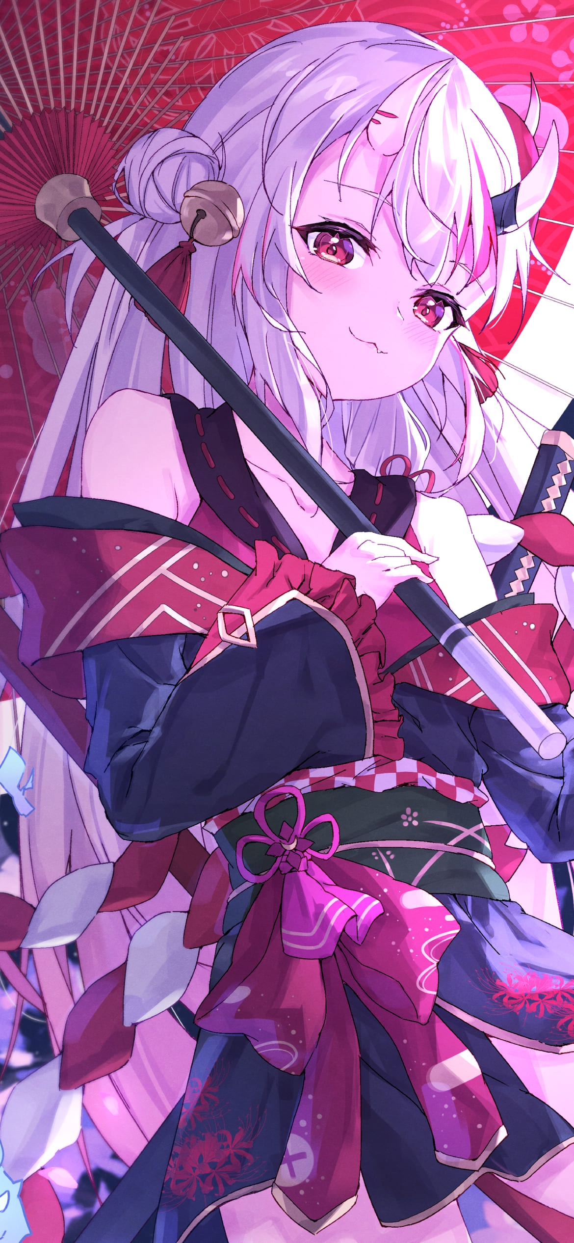 かわいい百鬼あやめ / 桜 / 赤い和傘 / 赤い刀 / バーチャルYouTuber / ファンアート / イラストの1170 x 2532 / スマホ壁紙