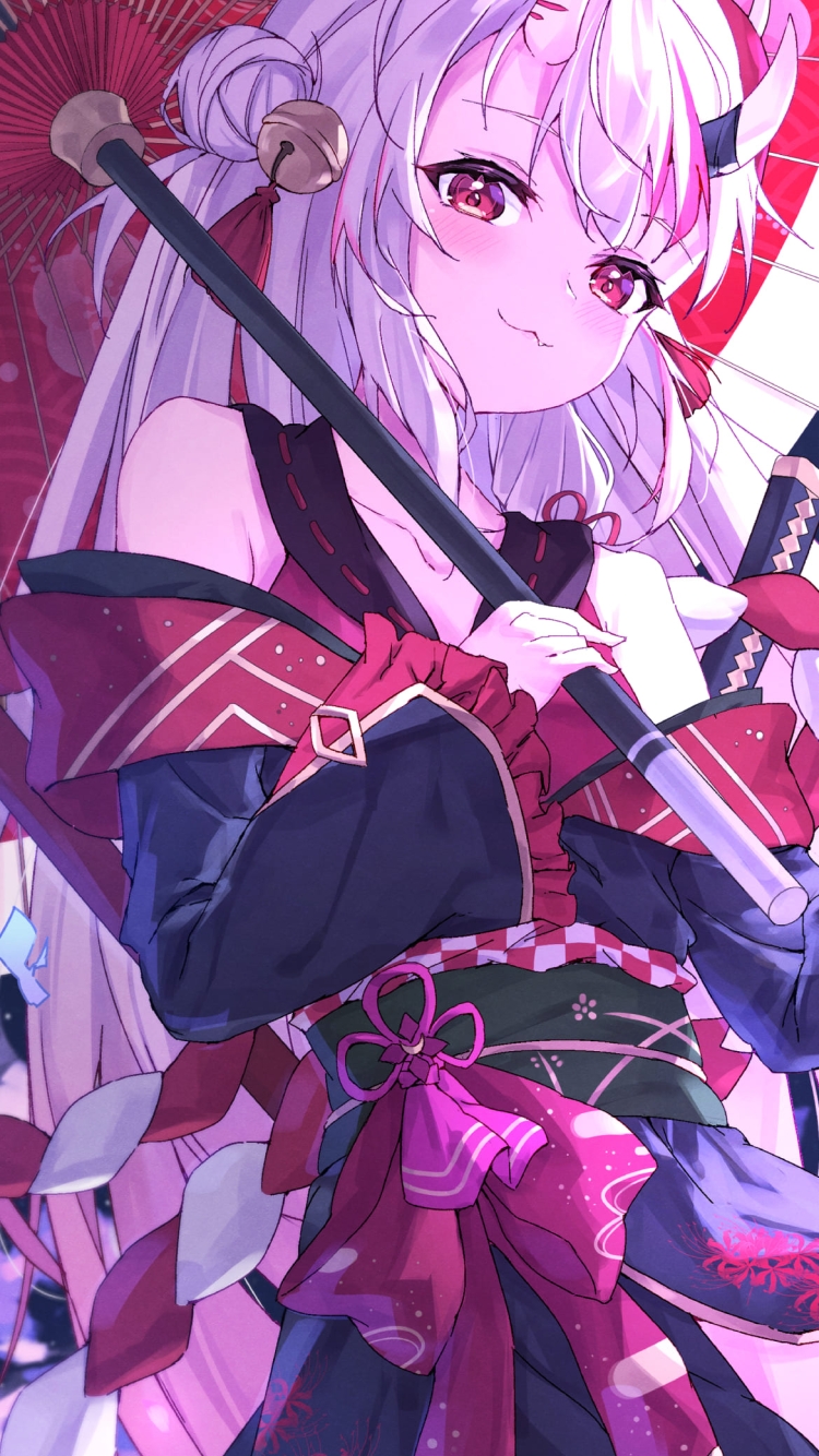 かわいい百鬼あやめ / 桜 / 赤い和傘 / 赤い刀 / バーチャルYouTuber / ファンアート / イラストの750 x 1334 / スマホ壁紙