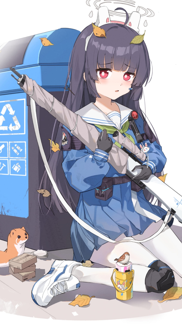 座り込んでいる霞沢ミユ / ブルーアーカイブ / ブルアカ / ファンアート / イラストの750 x 1334 / スマホ壁紙