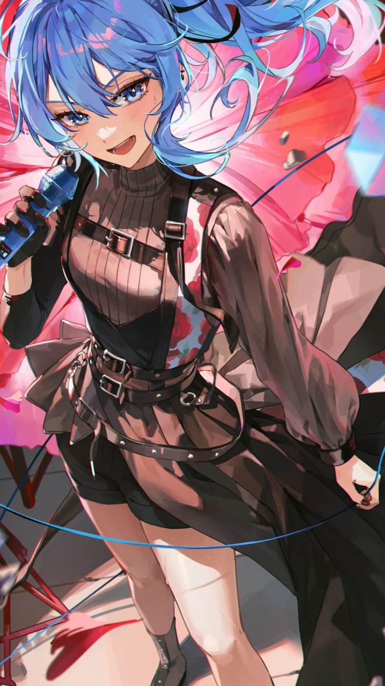 青いマイクを持って歌を唄う星街すいせい / ホロライブ / バーチャルYouTuber / ファンアート / イラストの750 x 1334 / スマホ壁紙