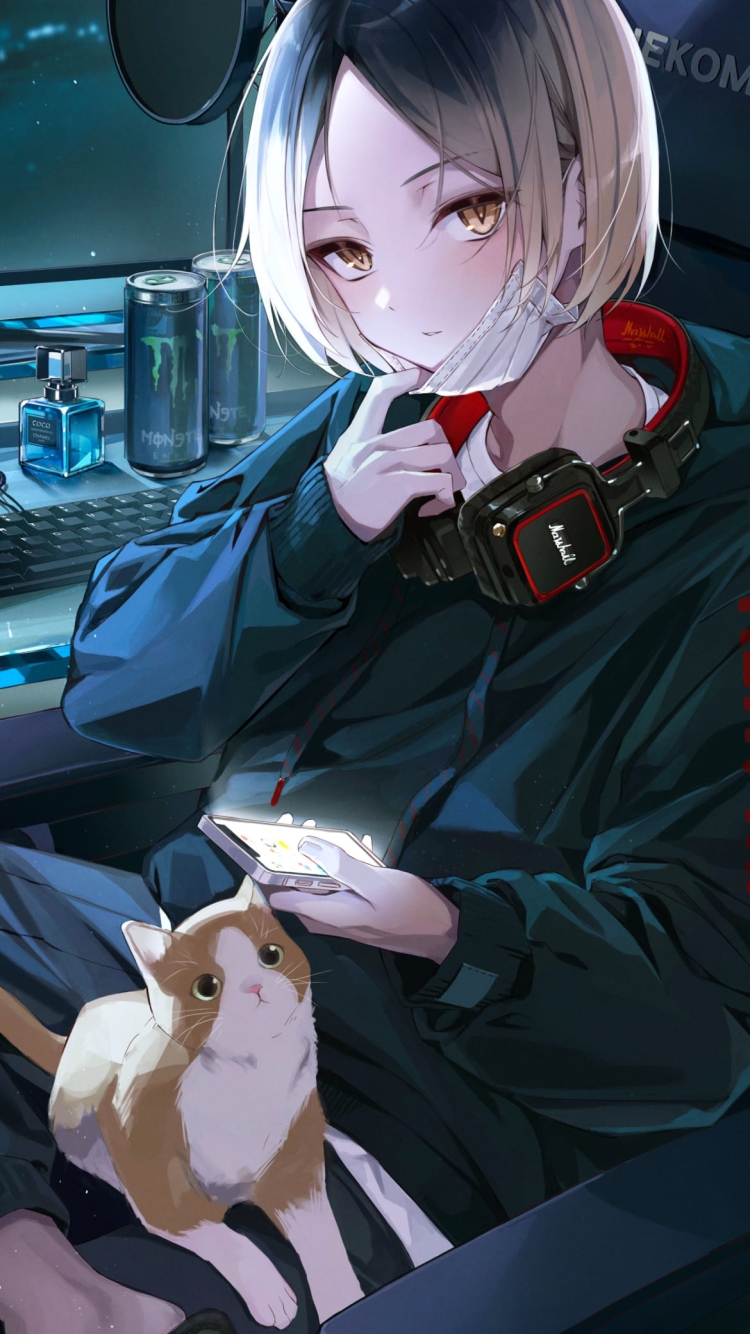 スマホをいじる孤爪 研磨と猫 / KOZUME KENMA / ハイキュー!! / ファンアート / イラストの750 x 1334 / スマホ壁紙