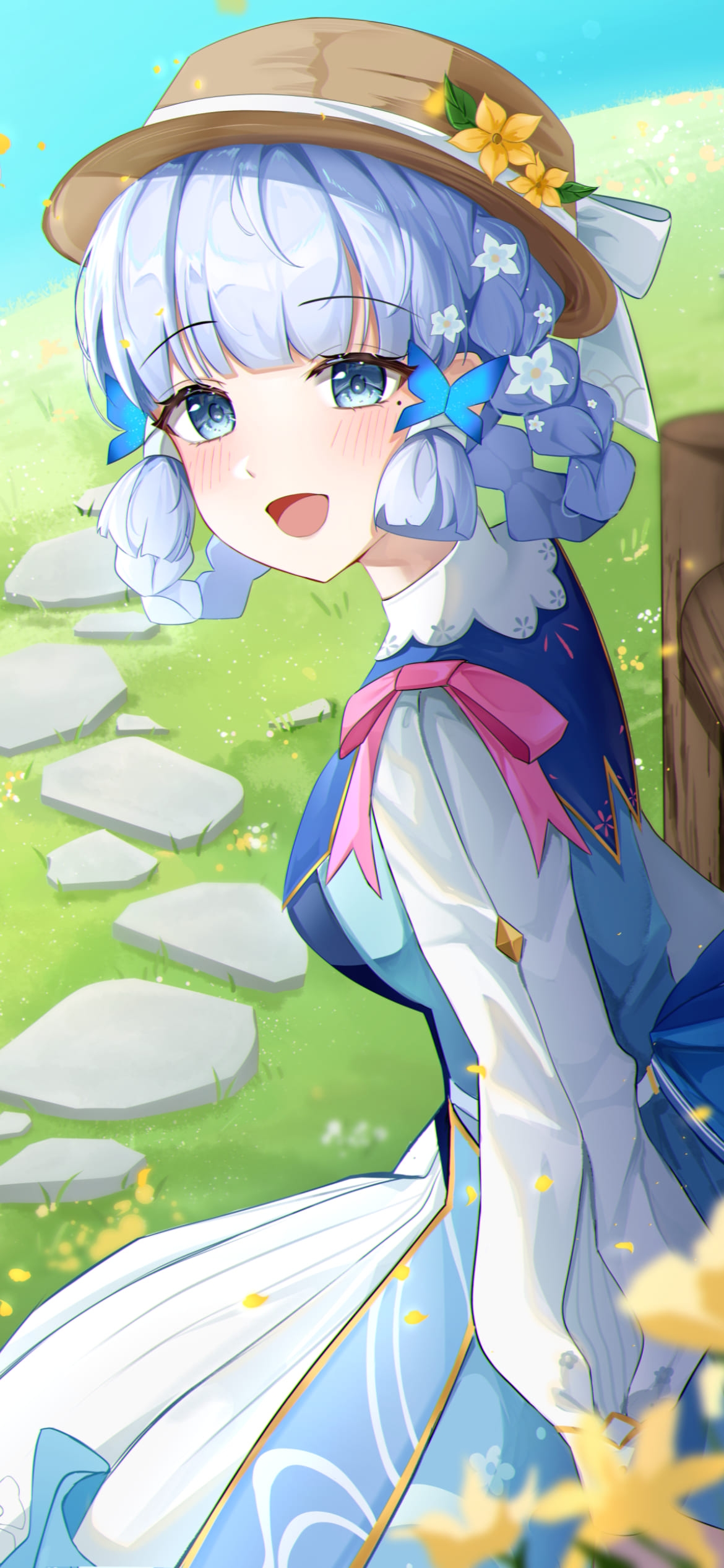 黄色い花と笑顔で座っている神里綾華 / 花時に訪れた手紙 / 原神の1170 x 2532 / スマホ壁紙
