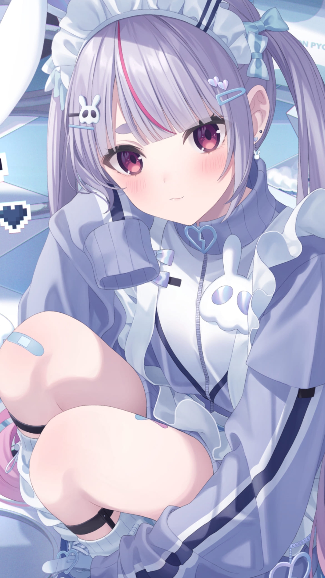 体育座りをするかわいい兎咲ミミ / ぶいすぽっ! / ファンアート / イラストの1080 x 1920 / スマホ壁紙