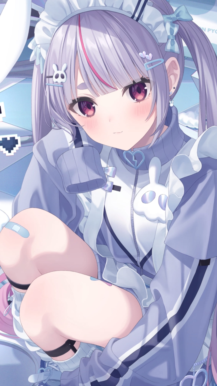体育座りをするかわいい兎咲ミミ / ぶいすぽっ! / ファンアート / イラストの750 x 1334 / スマホ壁紙