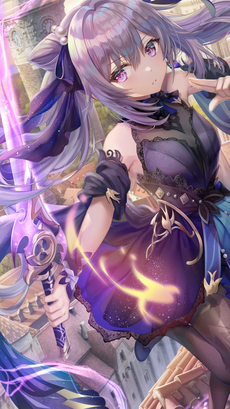 紫色の光る剣を持つ刻晴 / かわいい / 原神の750 x 1334 / スマホ壁紙
