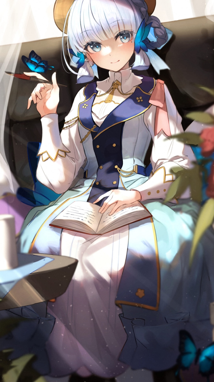 書き物をする神里綾華 / 花時に訪れた手紙 / 原神の750 x 1334 / スマホ壁紙